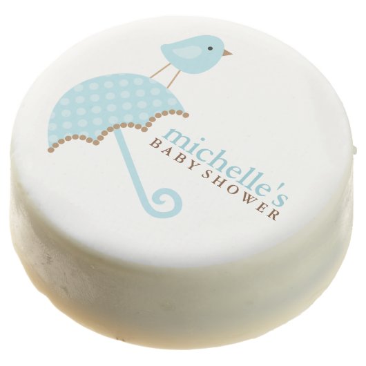Blue Polka Dots Umbrella Baby Shower Chocolate Dipped Oreo (Angled)