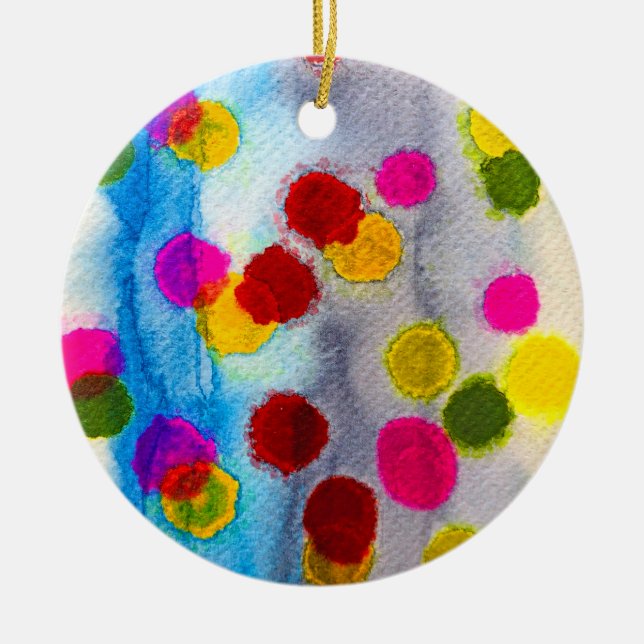 Blue polka dots watercolor abstract ceramic ornament (Front)