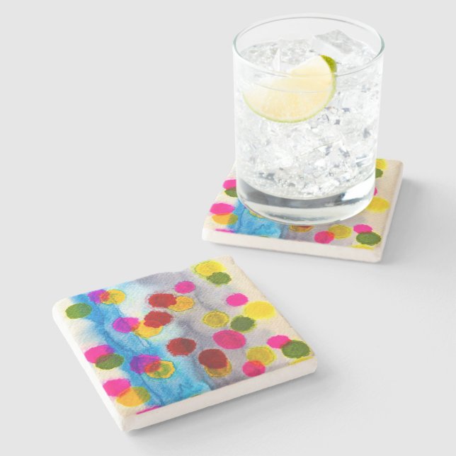 Blue polka dots watercolor abstract stone coaster (Side)