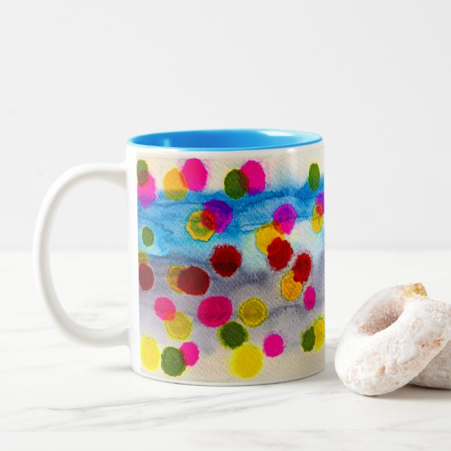 Blue polka dots watercolor abstract Two-Tone coffee mug (With Donut)