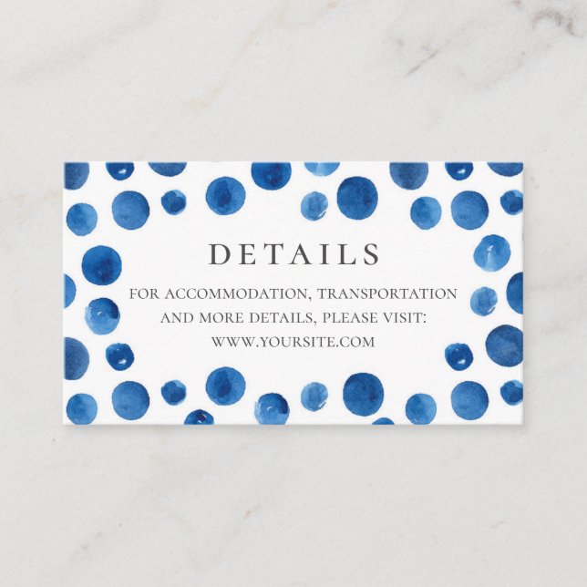 Blue polka dots wedding details. Watercolor navy Enclosure Card (Front)