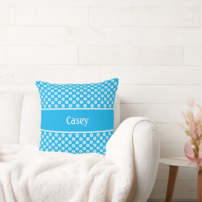 Blue Polka-Dots with Name on Stripe Throw Pillow (Couch)