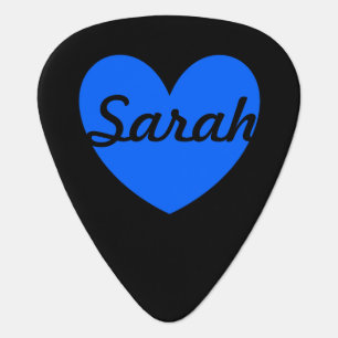 Blue polka hearts on black guitar pick
