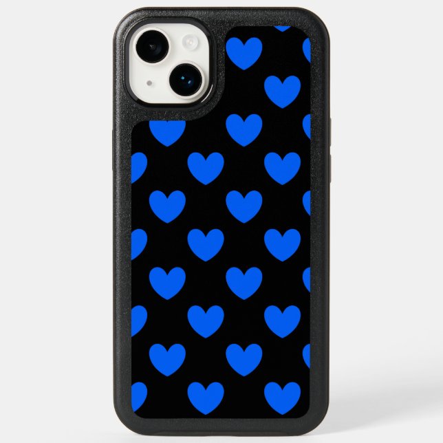 Blue polka hearts on black otterbox iPhone case (Back)