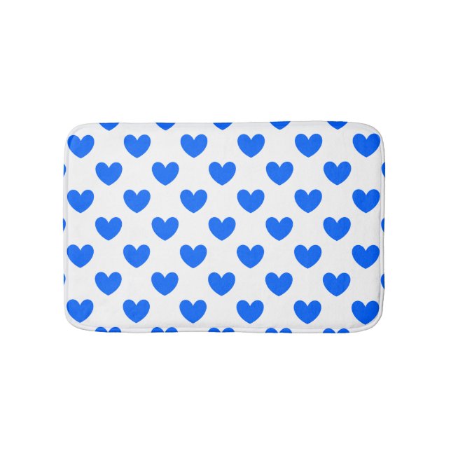Blue polka hearts on white bath mat (Front)