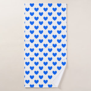 Blue polka hearts on white bath towel