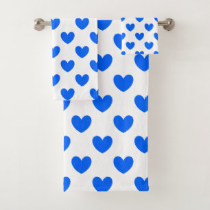 Blue polka hearts on white bath towel set