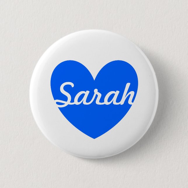 Blue polka hearts on white button (Front)