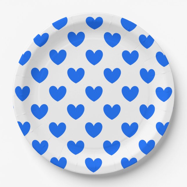 Blue polka hearts on white paper plates (Front)