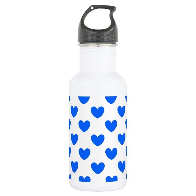 Blue polka hearts on white stainless steel water bottle (Front)