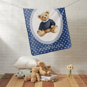 Blue Polkadot Boy Teddy Bear Personalized Vintage Baby Blanket