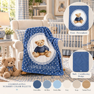 Blue Polkadot Boy Teddy Bear Personalized Vintage  Baby Blanket
