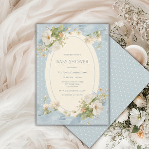 Blue Polkadot Floral Elegant Ribbon Baby Shower Invitation