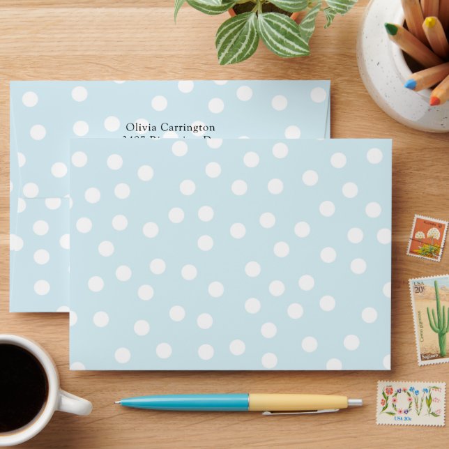 Blue Polkadot Return Address Modern  Envelope (Desk)