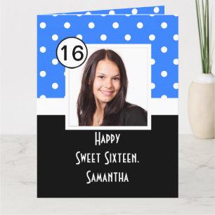 Blue polkadot sweet sixteen letterpress thank you card