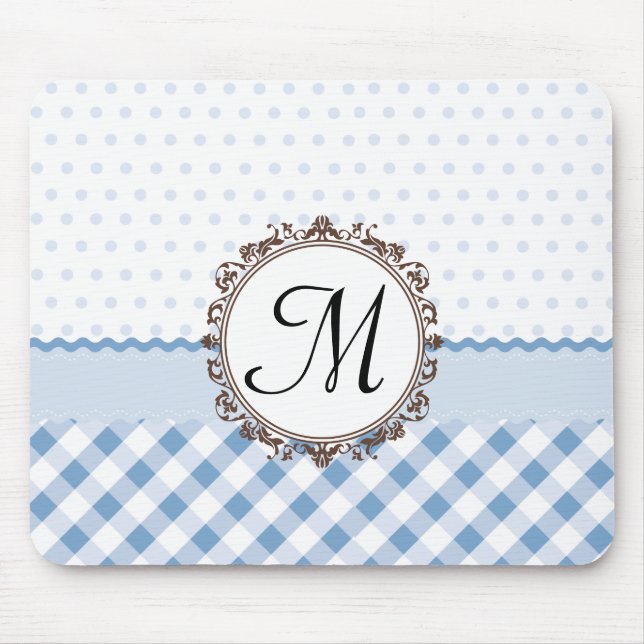 Blue Polkadots, Checks and Stripes with Monogram Mouse Pad (Front)