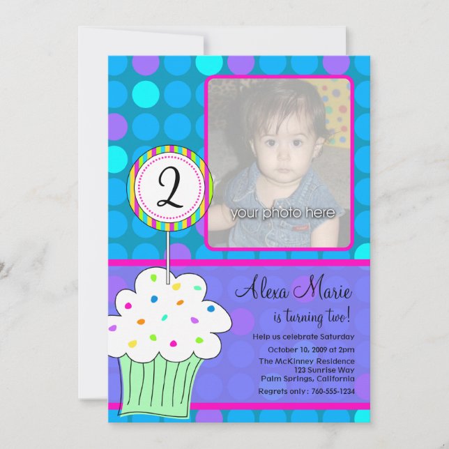 Blue Polkadots Cupcake Birthday Invitation (Front)