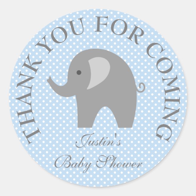 Blue polkadots gray elephant baby shower stickers (Front)