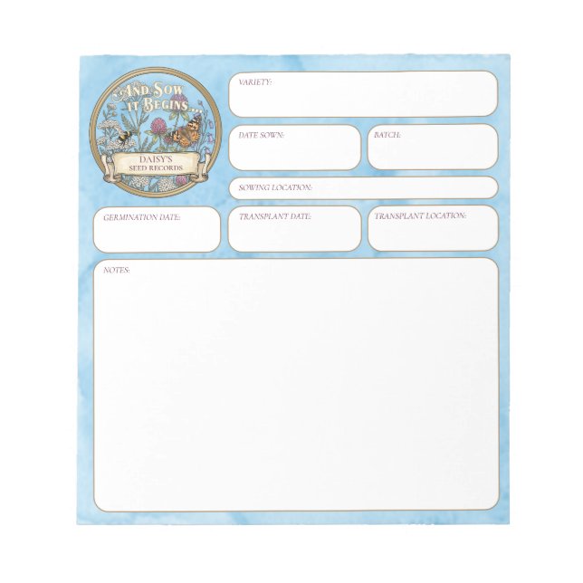 Blue Pollinator Garden Seed‑Sowing Record Notepad (Front)