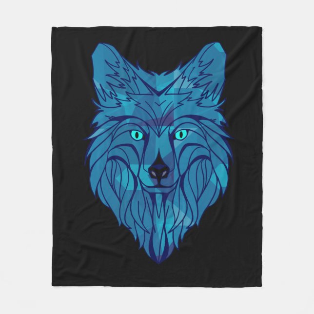 Blue Poly Wolf Head Fleece Blanket (Front)