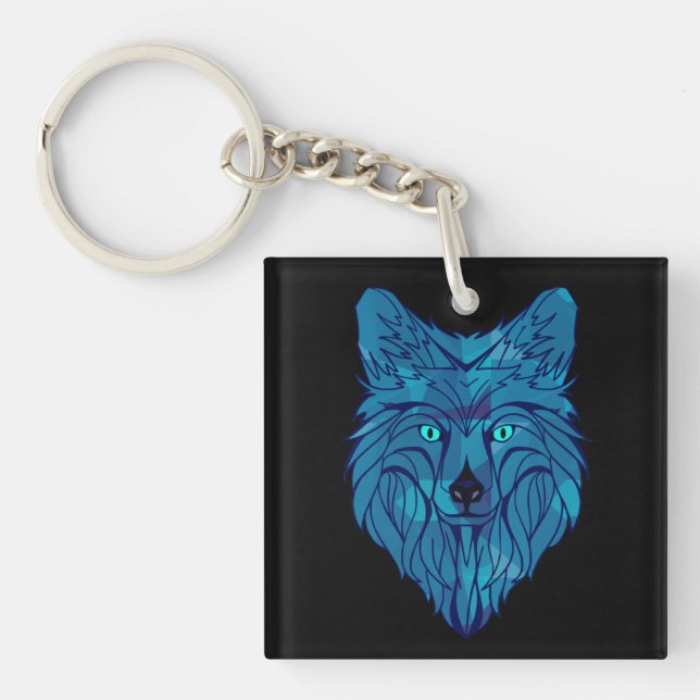 Blue Poly Wolf Head Keychain (Front)