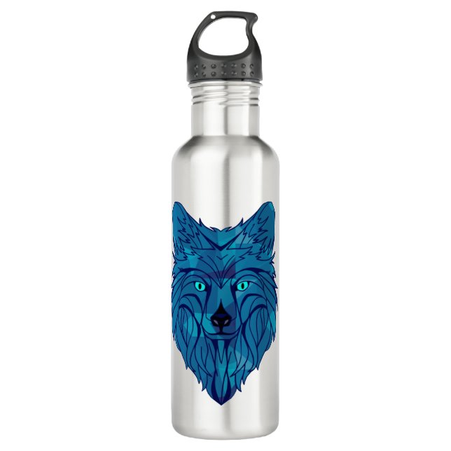 Blue Poly Wolf Head Stainless Steel Water Bottle (Front)