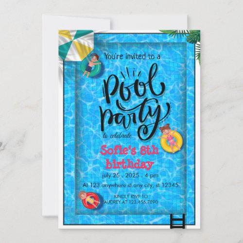  Blue Pool Party Birthday  Invitation