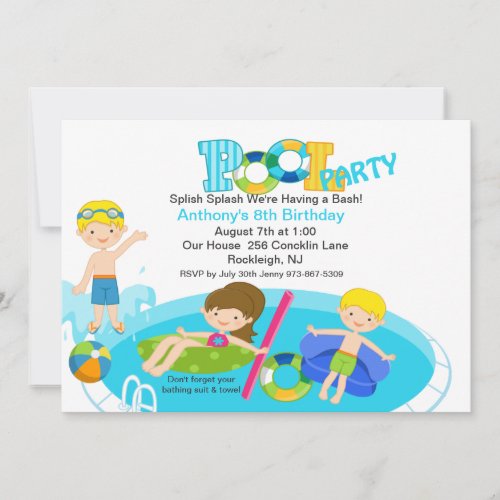 Blue Pool Party  Birthday Invitation
