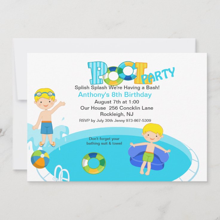 Blue Pool Party Boys Birthday Invitation | Zazzle