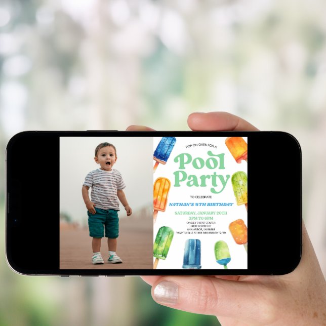 Blue Pool Party Popsicle Picture Birthday Party Invitation (Front Digital)
