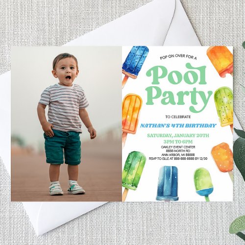 Blue Pool Party Popsicle Picture Birthday Party Invitation