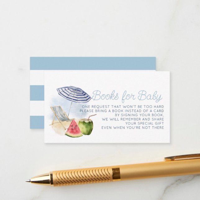 Blue Pool Party Tropical Baby Shower Book Request Enclosure Card (Front/Back In Situ)