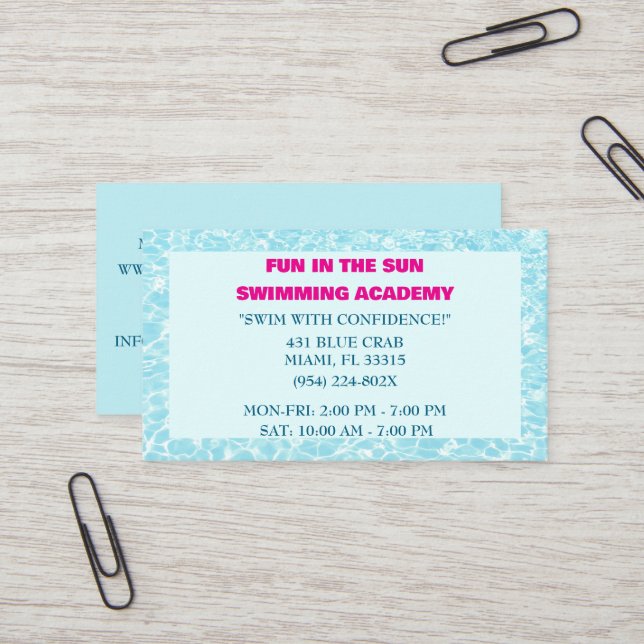 Blue Pool Water Swimming Lessons  Business Card (Front/Back In Situ)