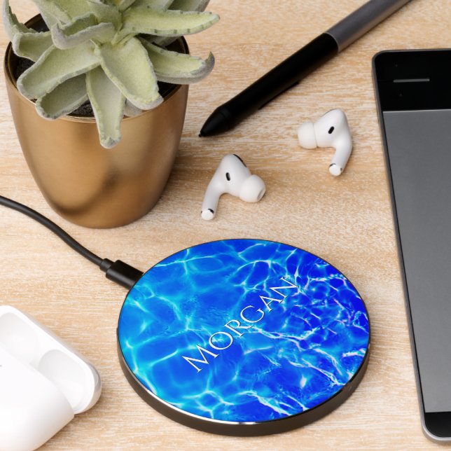 Blue Pool Water, White Name or Monogram Wireless Charger (Desk 2)
