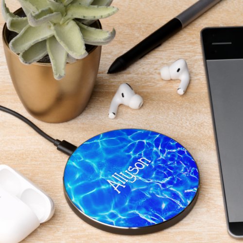 Blue Pool Water White Name or Monogram Wireless Charger