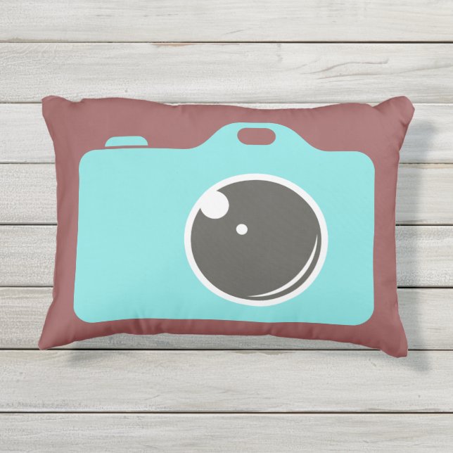 Blue Pop Art Camera Burgundy Outdoor Pillow (Back)