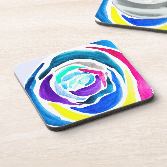 Blue pop art rose watercolor beverage coaster (Left Side)