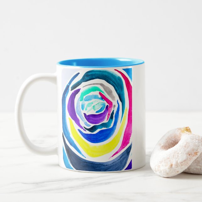 Blue pop art rose watercolor Two-Tone coffee mug (With Donut)