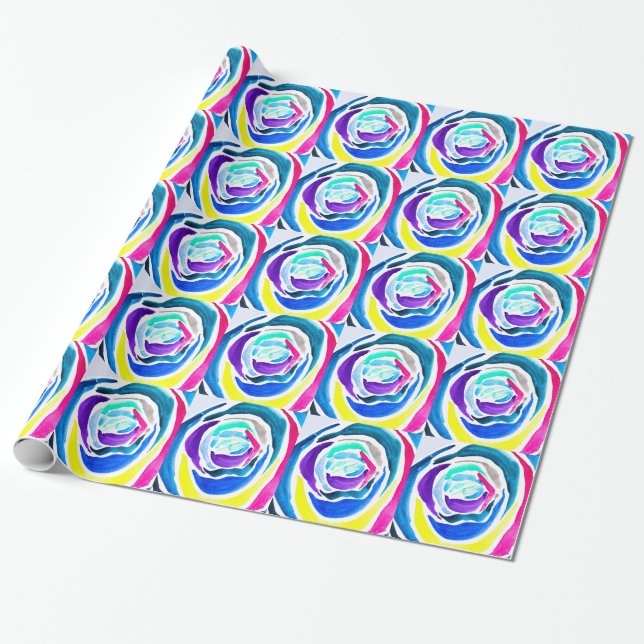 Blue pop art rose watercolor wrapping paper (Unrolled)