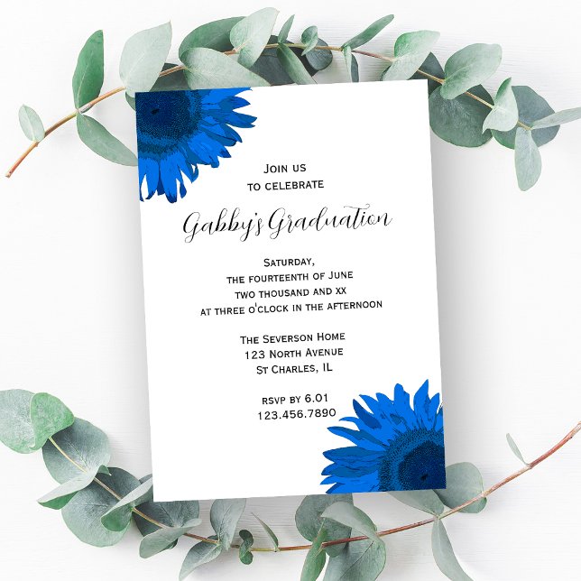 Blue Pop Art Sunflower Graduation Party Invitation (Creator Uploaded)