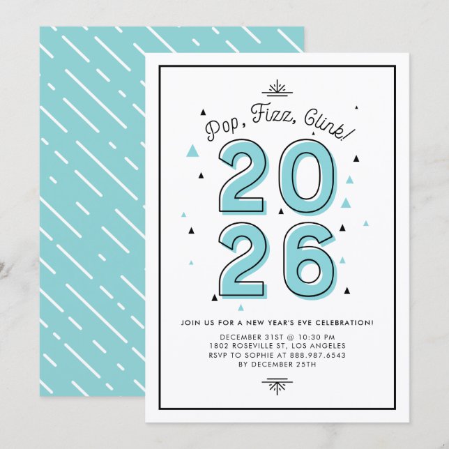 Blue Pop Fizz Clink 2026 New Year's Eve Party Invitation (Front/Back)