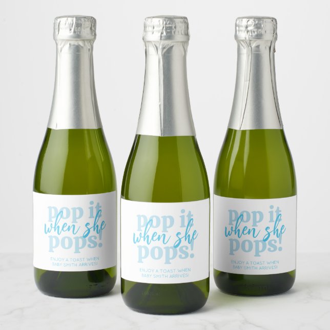Blue Pop It When She Pops Baby Shower Favor Sparkling Wine Label (Bottles)