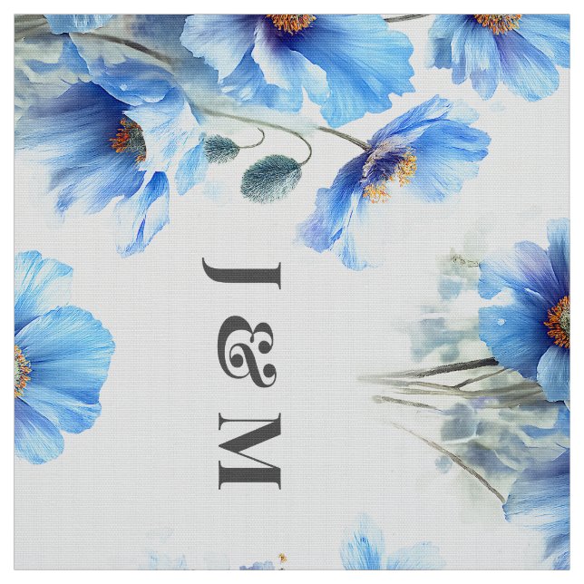 Blue Poppies Floral Wedding Fabric with Monogram (Swatch)