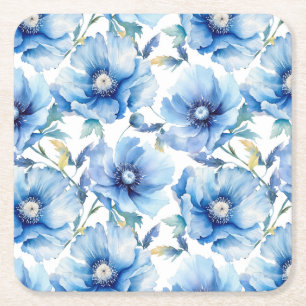 Blue Poppies flower pattern Square Paper Coaster