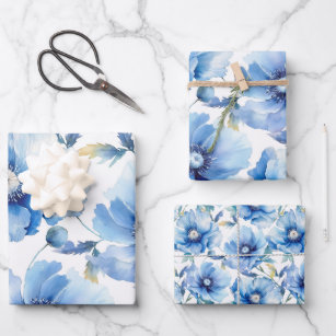 Blue Poppies flower pattern Wrapping Paper Sheets