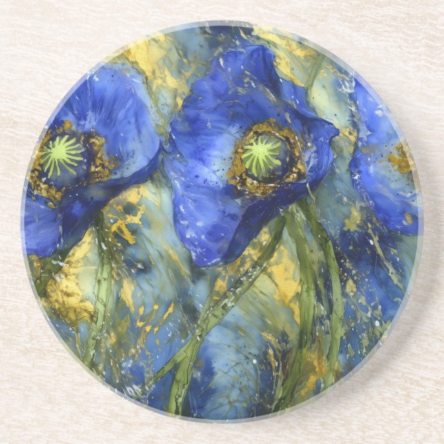 Blue Poppies in Gold Swirl Coaster (Front)