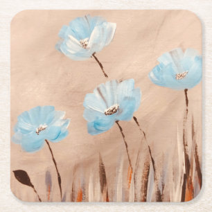 Blue poppies in grass square paper coaster
