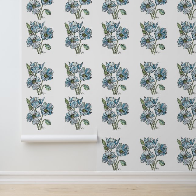 Blue Poppies - Peel & Stick Wallpaper (Application)