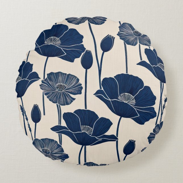 Blue Poppies Round Pillow (Front)