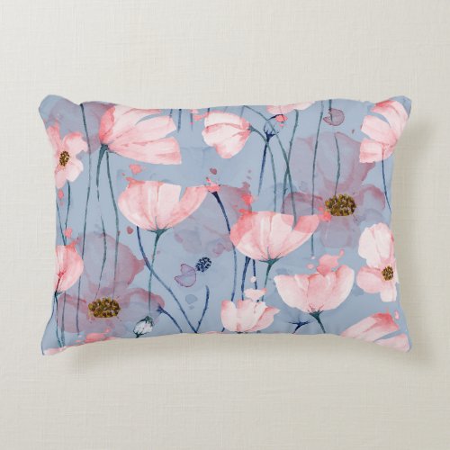 Blue poppies watercolor floral design accent pillow